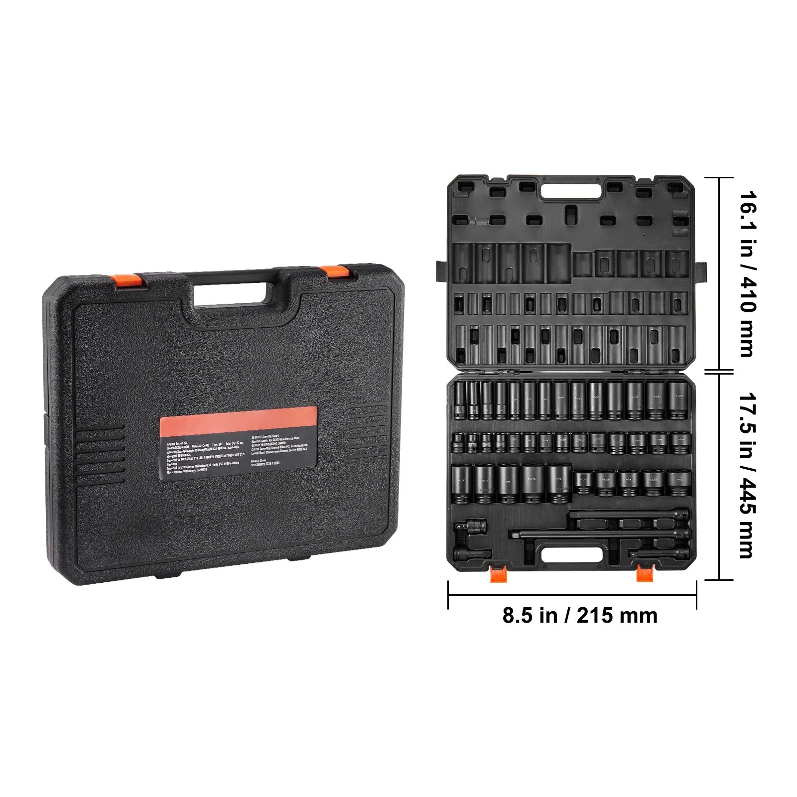 SKYSHALO 43-Pc Impact Socket Set, 1/2" Drive, SAE 3/8"-1-1/2", Deep & Shallow, 6-Point, Cr-Mo Steel, for Automotive Repair, Clear Size Labels, Durable, Includes Case