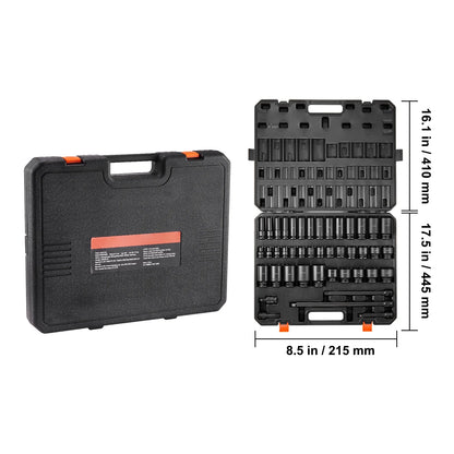 SKYSHALO 43-Pc Impact Socket Set, 1/2" Drive, SAE 3/8"-1-1/2", Deep & Shallow, 6-Point, Cr-Mo Steel, for Automotive Repair, Clear Size Labels, Durable, Includes Case