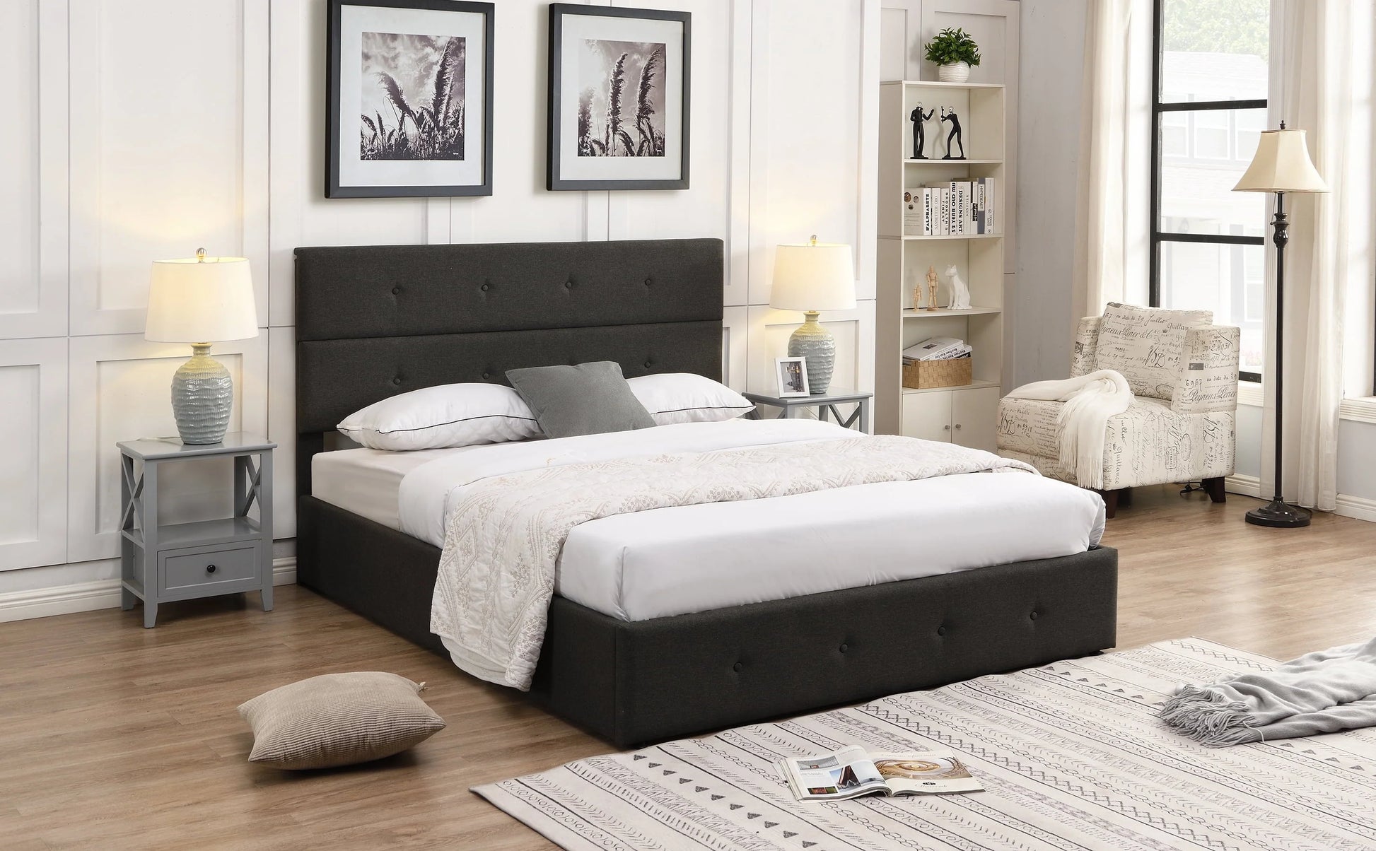 Euroco Queen Size Platform Bed with Underneath Storage, Upholstered, Gray