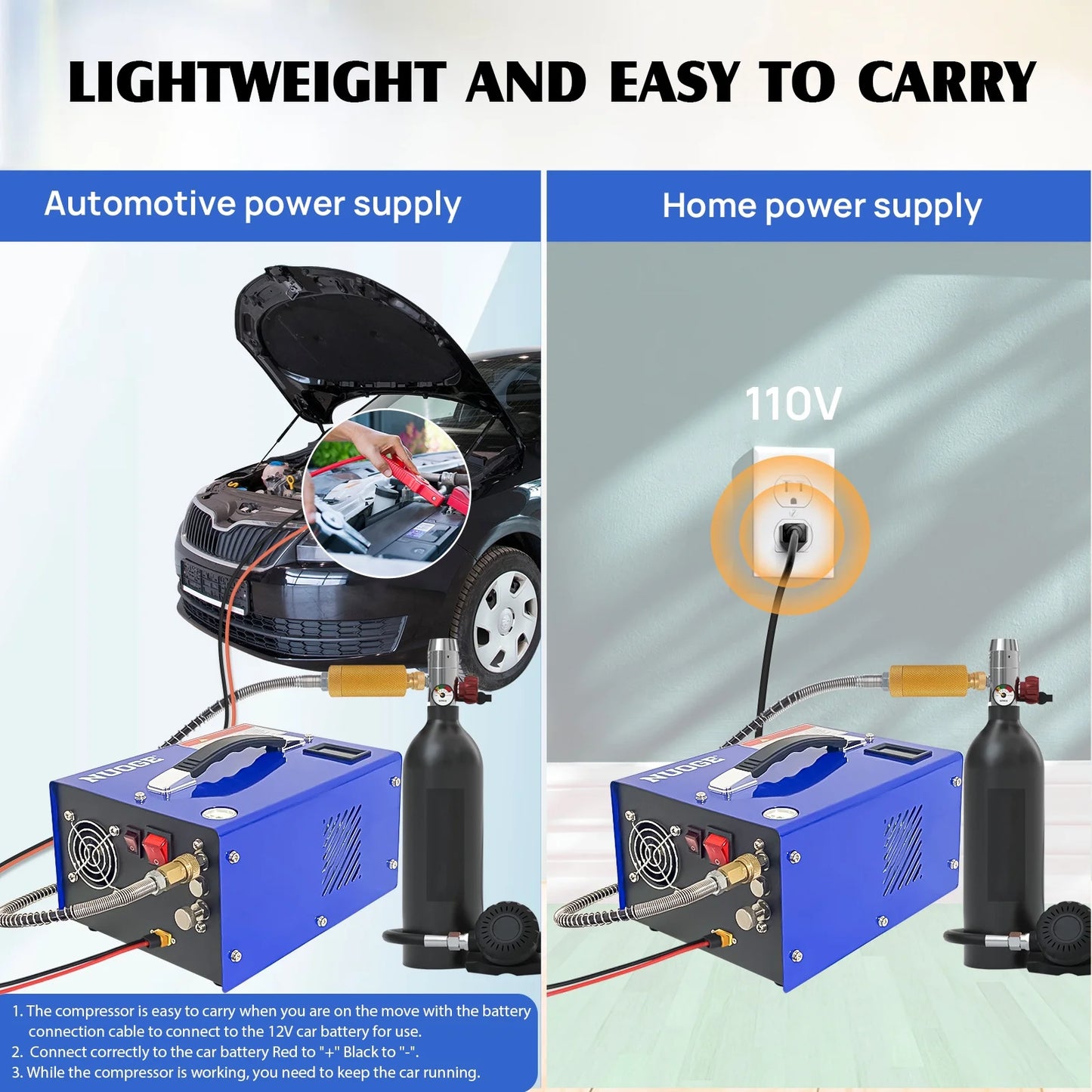 NUOGE Pcp Air Compressor Copper 12V DC or 110V/220V AC 4500Psi 0.3 Gal