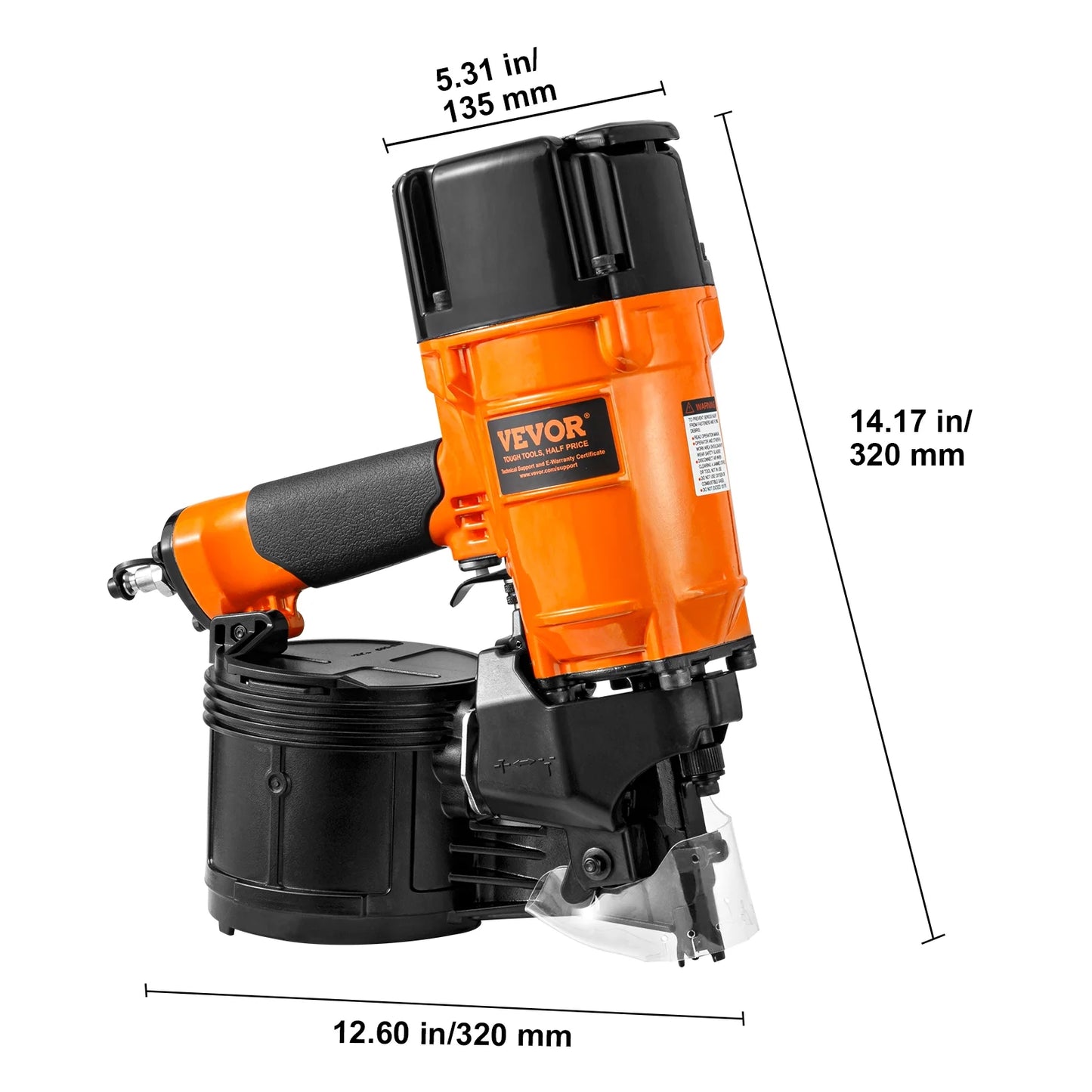 VEVOR Coil Siding/Framing Nailer CN83N, 2" to 3-1/4" 15 Degree Pneumatic Siding Nail Gun with Tool-Less Depth Adjustment, 70-120PSI Air Coil Nailer for Siding Sheathing Wooding Fencing Decking