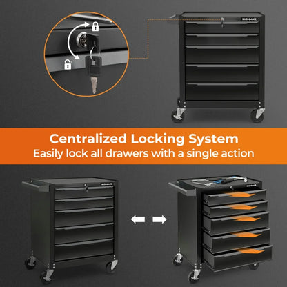 Spaco 5-Drawer Tool Storage Cabinet with Hanging Holes and Central Keyed Locking System-Black, Tool Chest for Garage, Home and Workbench