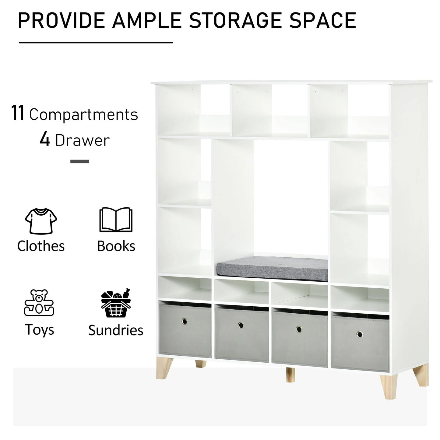 HOMCOM 47" Kids Reading Nook Bookshelf Storage Organizer Toy Cabinet Seat, White