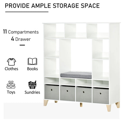 HOMCOM 47" Kids Reading Nook Bookshelf Storage Organizer Toy Cabinet Seat, White
