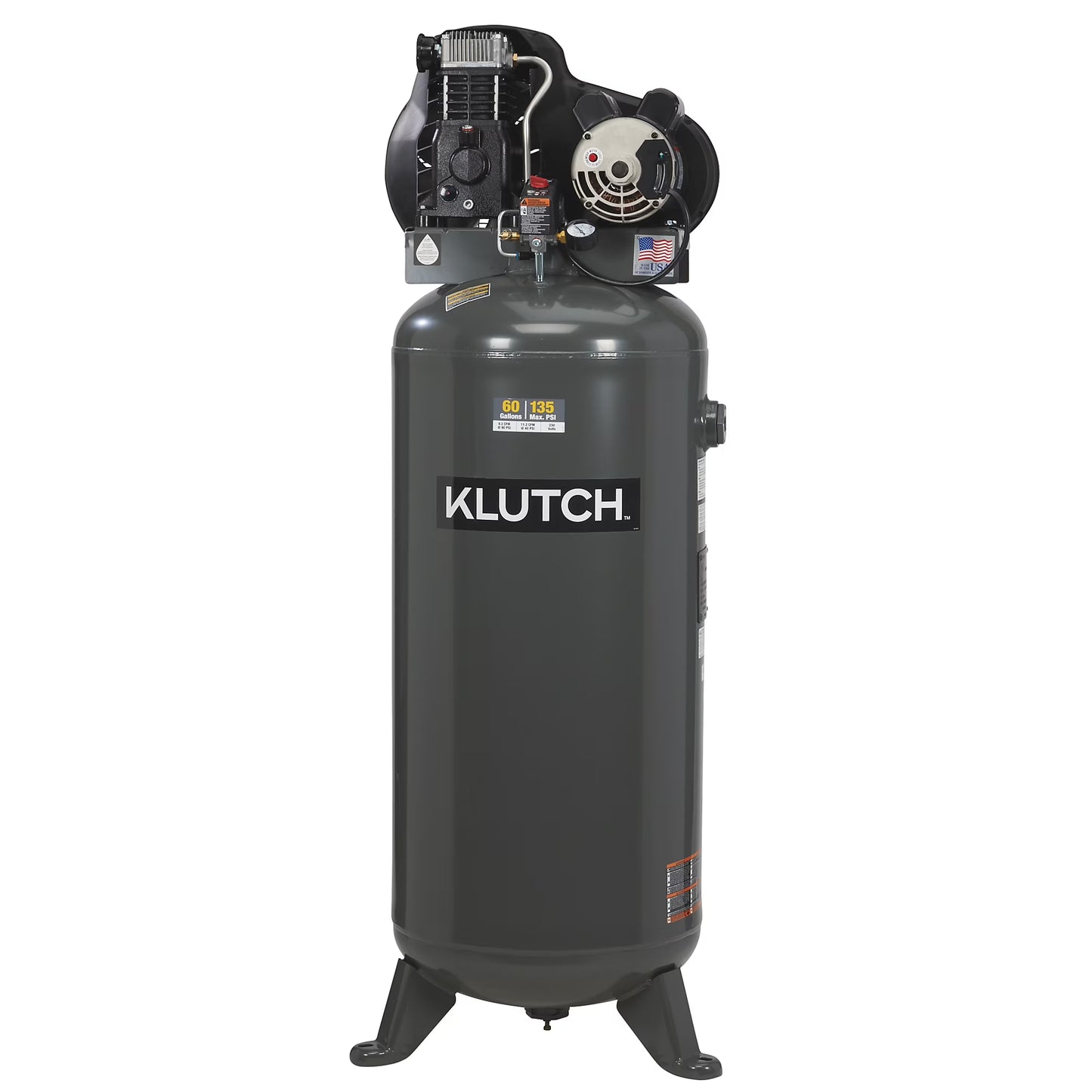 Klutch 60-Gallon Single-Stage Vertical Air Compressor, 3.7 HP, 230 Volts