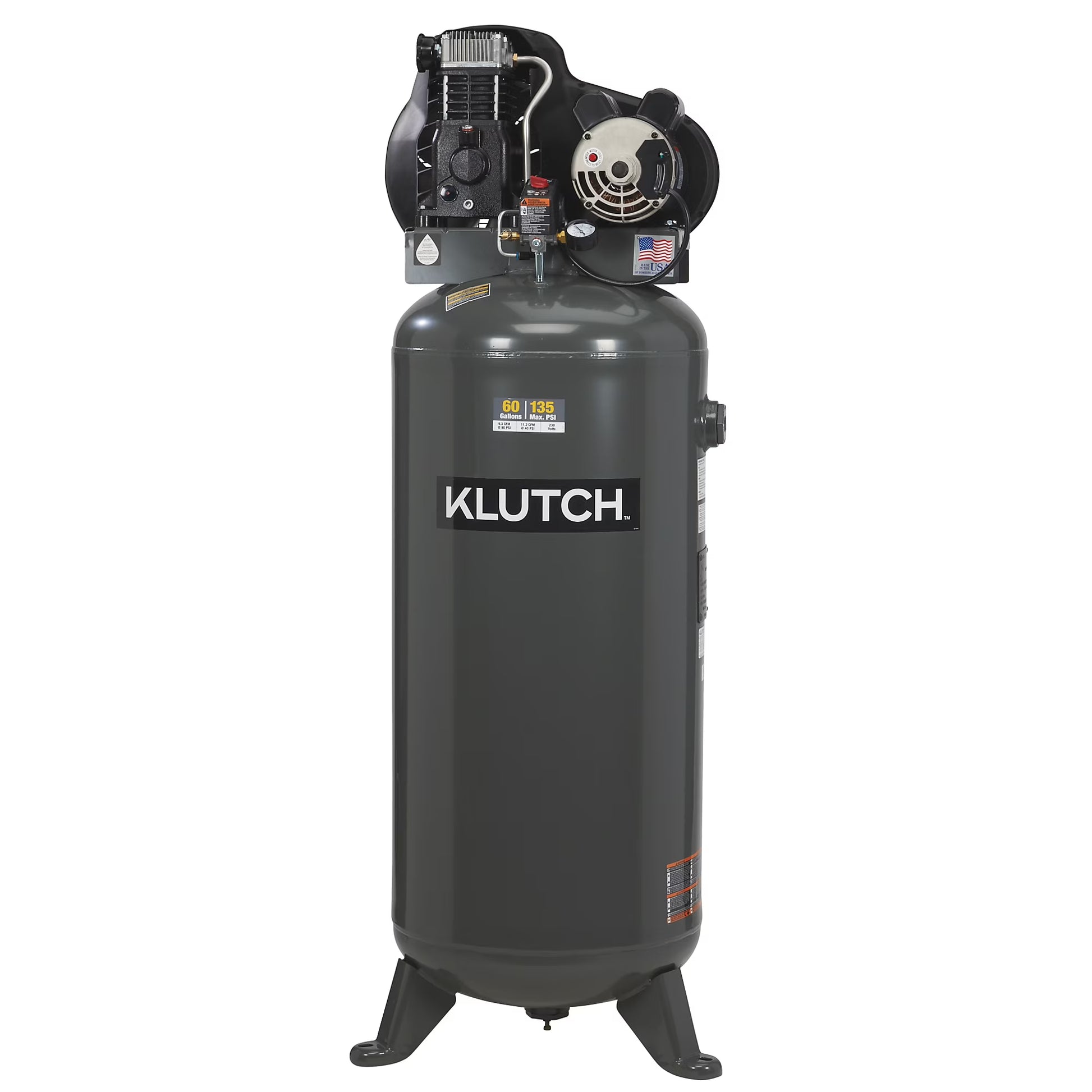 Klutch 60-Gallon Single-Stage Vertical Air Compressor, 3.7 HP, 230 Volts