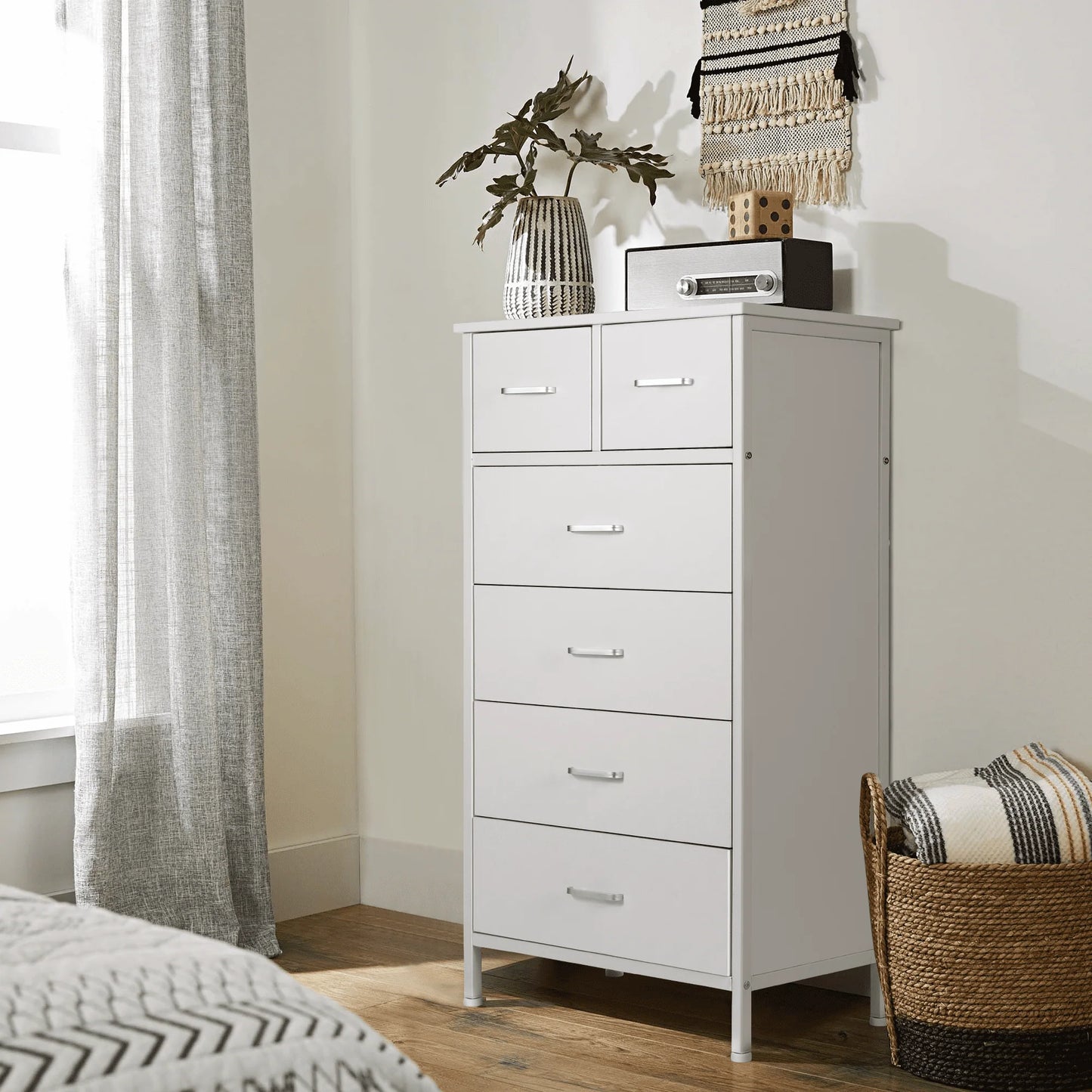 Chest of 6 Drawers, Drawer Dresser storage organizer for Bedroom, Living Room, Hallway, Nursery, Storage Cabinet Wooden Dresser with Steel Frame,White