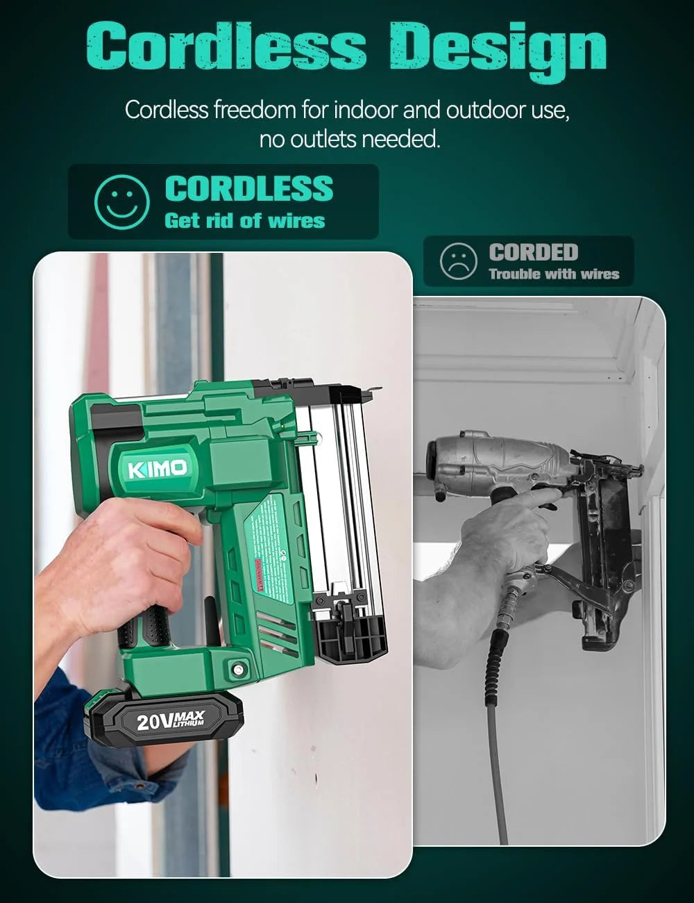 KIMO 18 Gauge Nail Gun Cordless with 20V Battery 2.0Ah X 2, 1000pcs Nails and Staples, 2 Firing Modes, 180 Nails/min, Adjustable Nailing Depth, 2 in 1 Cordless Brad Nailer and Stapler for DIY Project