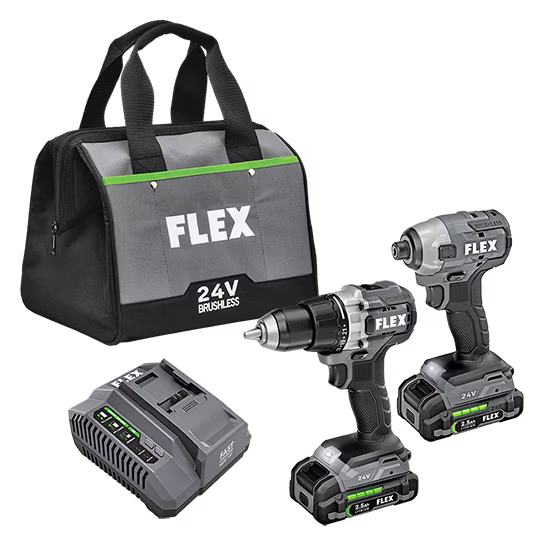 FLEX FXM201-2A 24V BRUSHLESS CORDLESS 2 TOOL COMBO KIT 1/2" 2 SPEED DRILL DRIVER & 1/4" HEX IMPACT DRIVER W/2 2.5H LITHIUM BATTERY + CHARGER