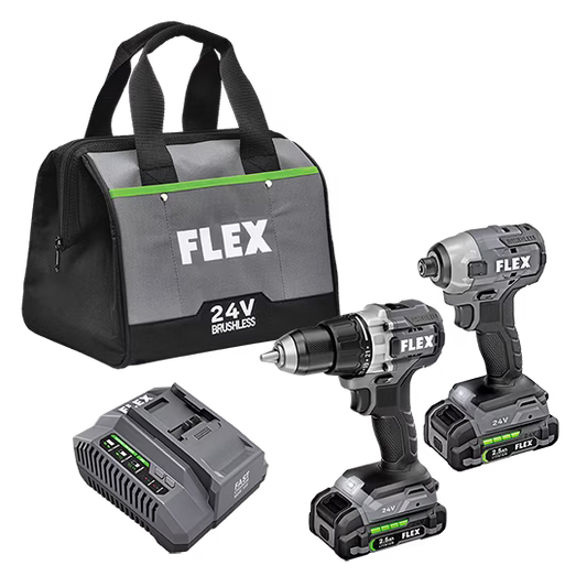FLEX FXM201-2A 24V BRUSHLESS CORDLESS 2 TOOL COMBO KIT 1/2" 2 SPEED DRILL DRIVER & 1/4" HEX IMPACT DRIVER W/2 2.5H LITHIUM BATTERY + CHARGER