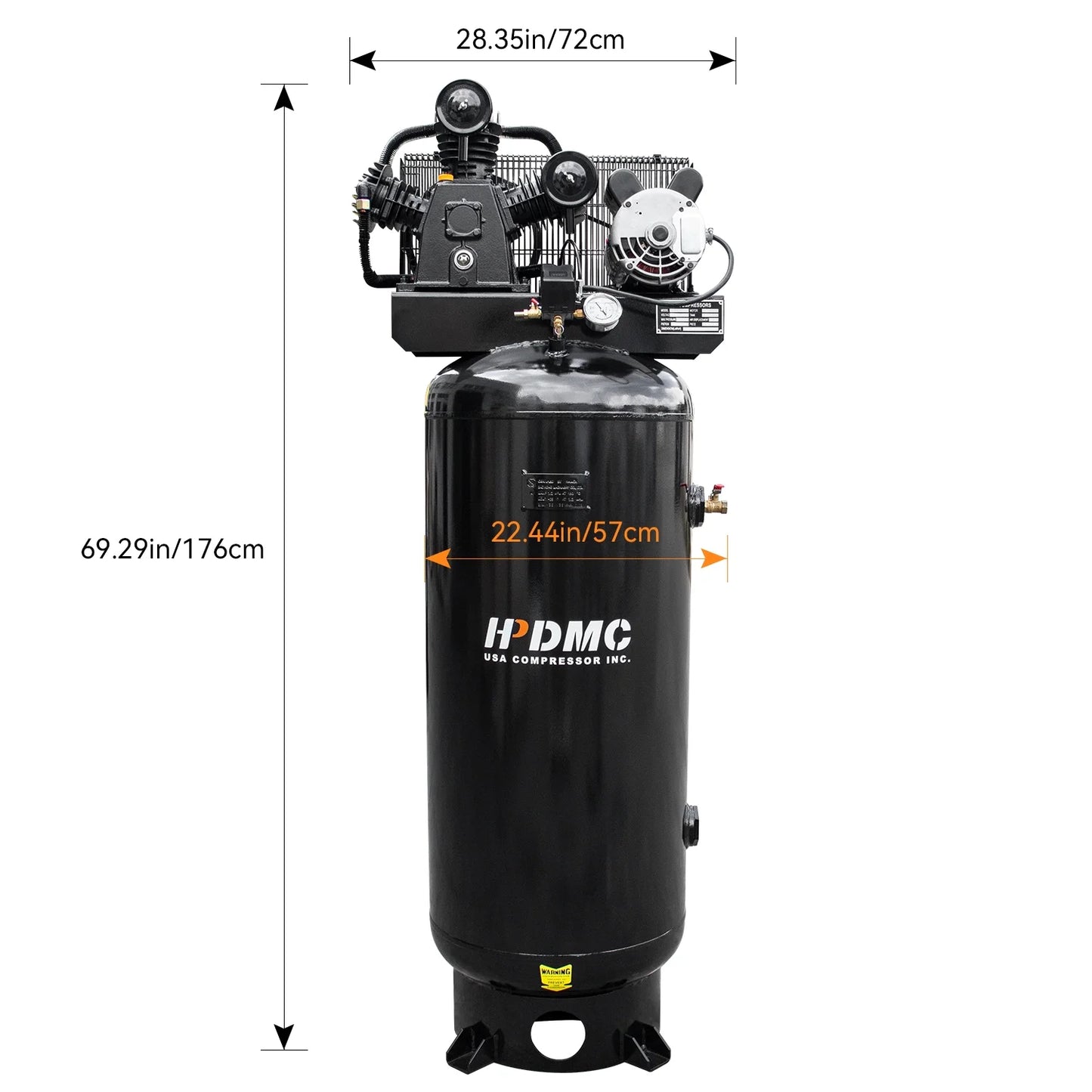 HPDMC 5.5HP Piston Air Compressor 220V/1Ph 60-Gallon Vertical ASME Tank 10.7CFM Max. Pressure 180psi Two-Stage Electric Stationary Air Compressor