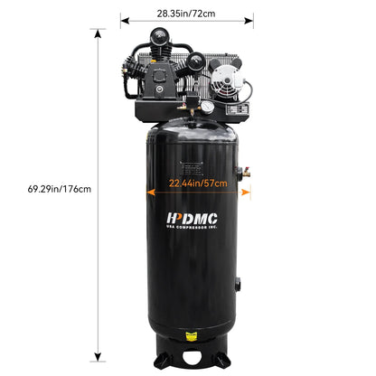 HPDMC 5.5HP Piston Air Compressor 220V/1Ph 60-Gallon Vertical ASME Tank 10.7CFM Max. Pressure 180psi Two-Stage Electric Stationary Air Compressor