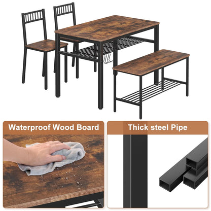 Winkalon Dining Table Set for 4,Wooden Kitchen Table Set with Storage Rack,1 Bench & 2 Chairs,Brown