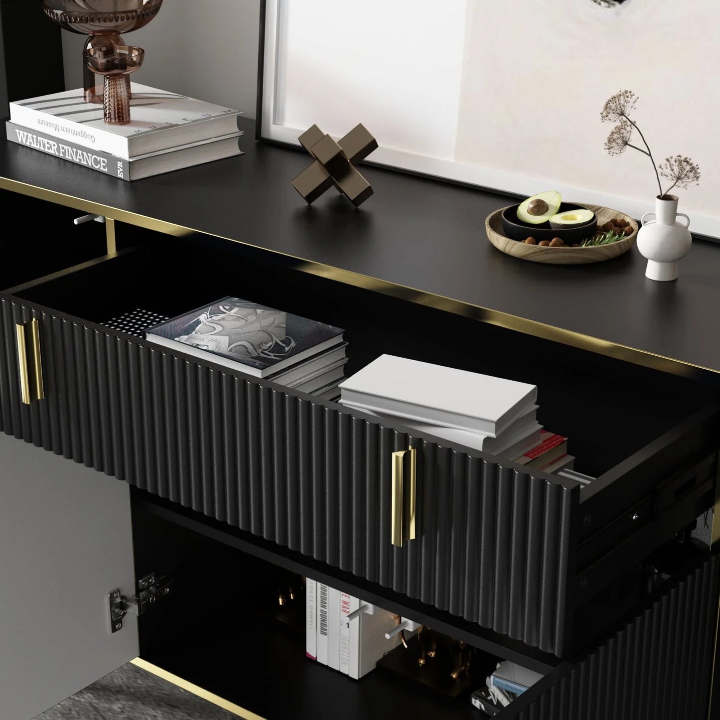 FUFU& GAGA Modern 4 Doors Buffet Cabinet with Storage Drawer, Accent Table Sideboard Furniture with Pop-up Door for Living Room Kitchen Dining Entryway Hallway, Black