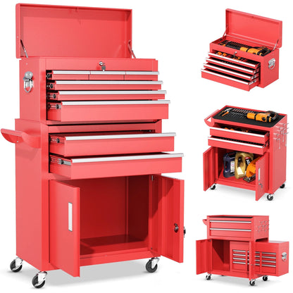 SUNCROWN Tool Chest,8-Drawer Rolling Tool Chest with Detachable Top Tool Box, Tool Chest with Universal Lockable Wheels, Metal Tool Cart for Garage, Workshop, Barbershop(Red)