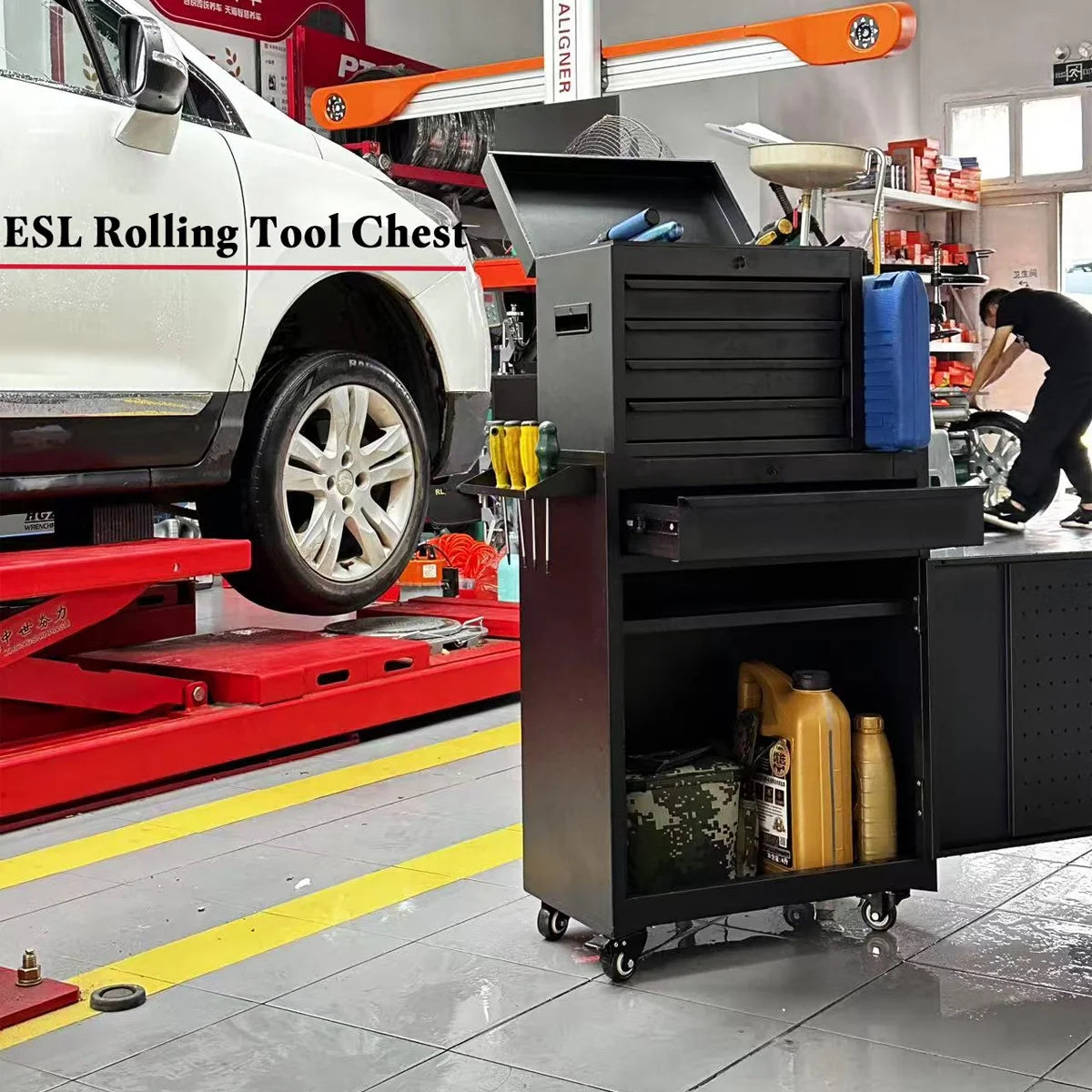 Rolling Tool Chest, 5 Drawers with Big Cabinet, Tool Trolley with 4 Universal Lockable Wheels and Lock Bar, Great Black Tool Cart for Garage Workshop, Sturdy Heavy Duty Tool Storage, Easy Assemble