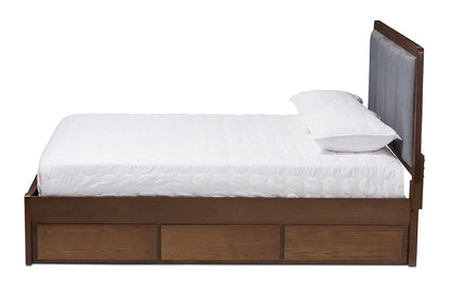 Baxton Studio Brannigan Modern and Contemporary Dark Grey Fabric Upholstered Walnut Finished Storage Platform Bed, Multiple Sizes