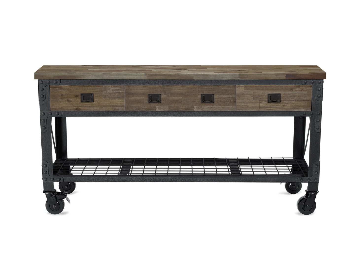 72 In x 24 In. 3 Drawer Rolling Industrial Workbench with Wood Top - Aged Macadamia