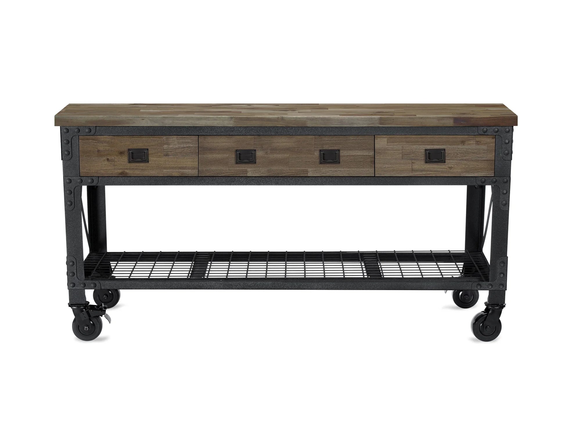 72 In x 24 In. 3 Drawer Rolling Industrial Workbench with Wood Top - Aged Macadamia