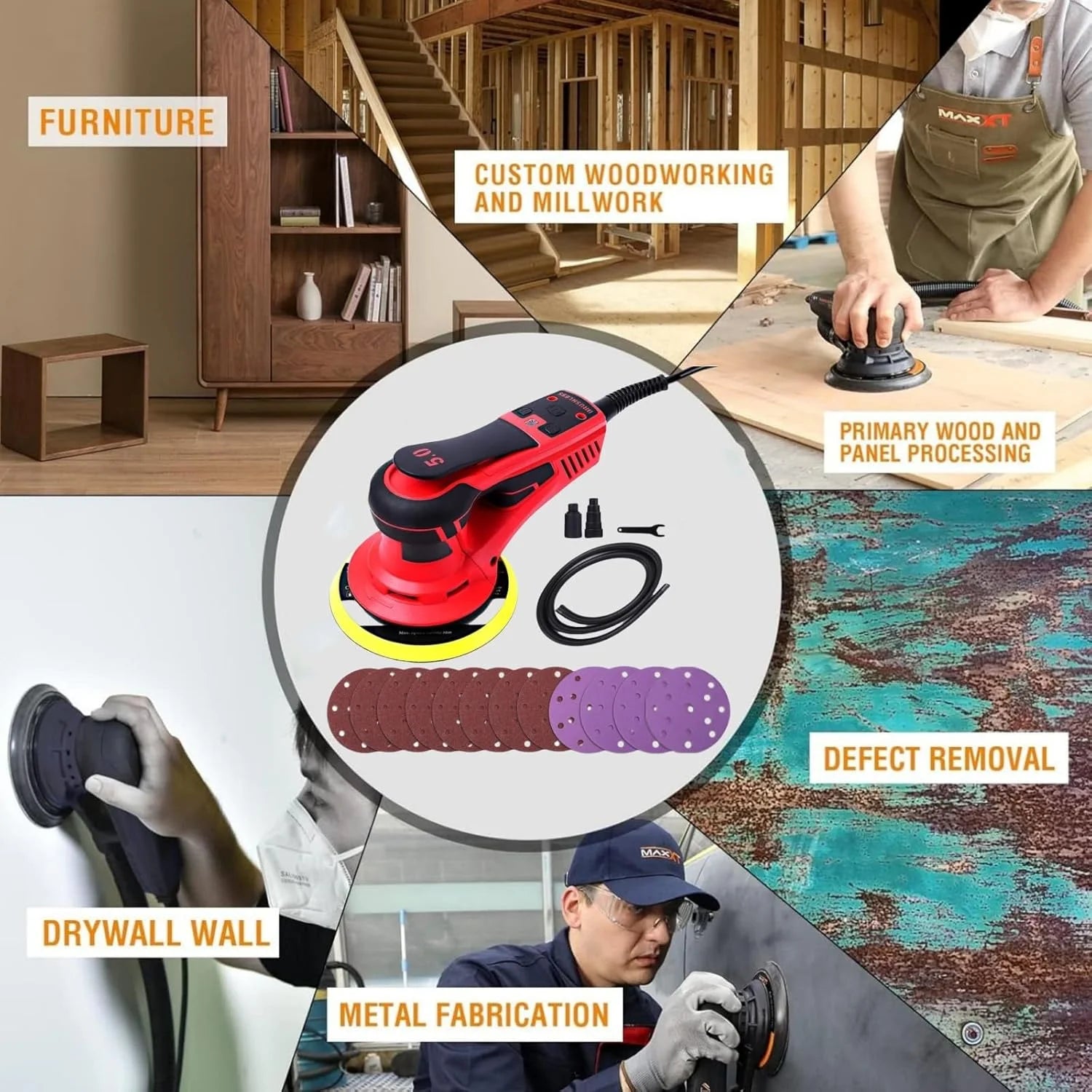 Electric Random Orbital Sander, Brushless Motor, Powerful 350W & Low Vibration Palm Sander, 10000 RPM Variable Speed, 6-Inch for Woodworking, Polishing, Carpentry
