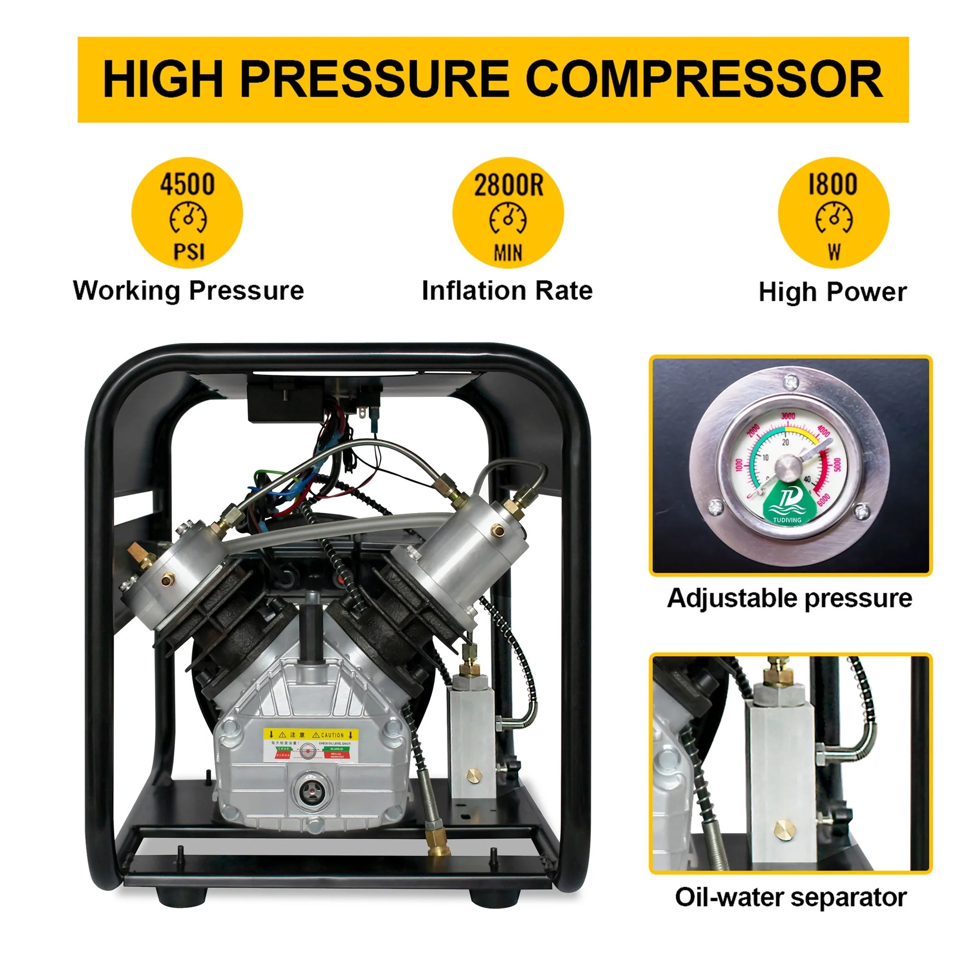 TUDIVING 4500Psi PCP Air Compressor Double Cylinder Auto-Stop High Pressure Air Pump 40L/min 110V