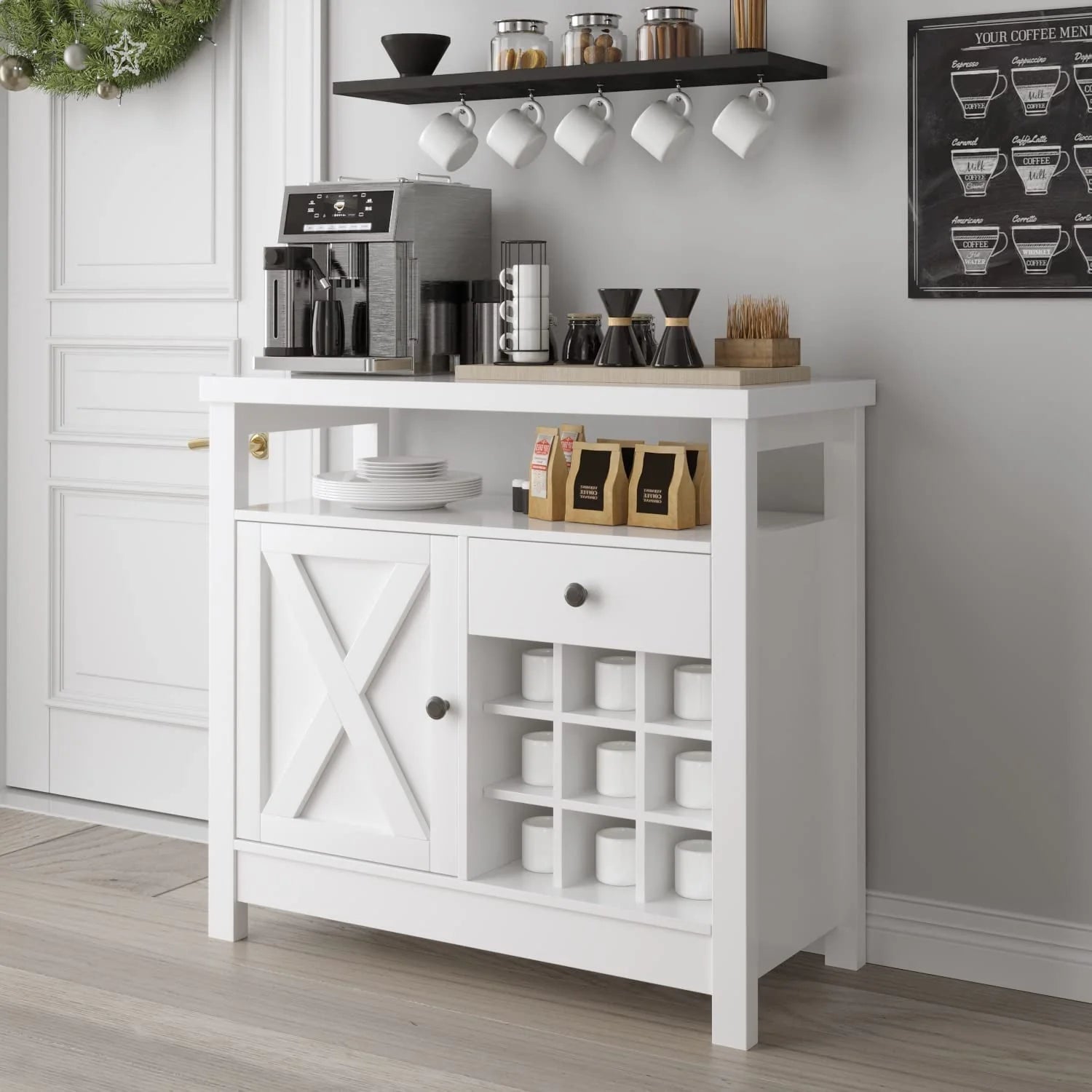 Catrimown Farmhouse Coffee Bar Cabinet, Buffet Sideboard Storage Cabinet with Barn Door and Wine Rack for Kitchen Dining Room, Farmhouse White