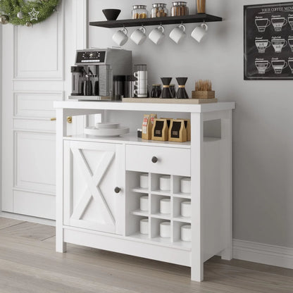 Catrimown Farmhouse Coffee Bar Cabinet, Buffet Sideboard Storage Cabinet with Barn Door and Wine Rack for Kitchen Dining Room, Farmhouse White
