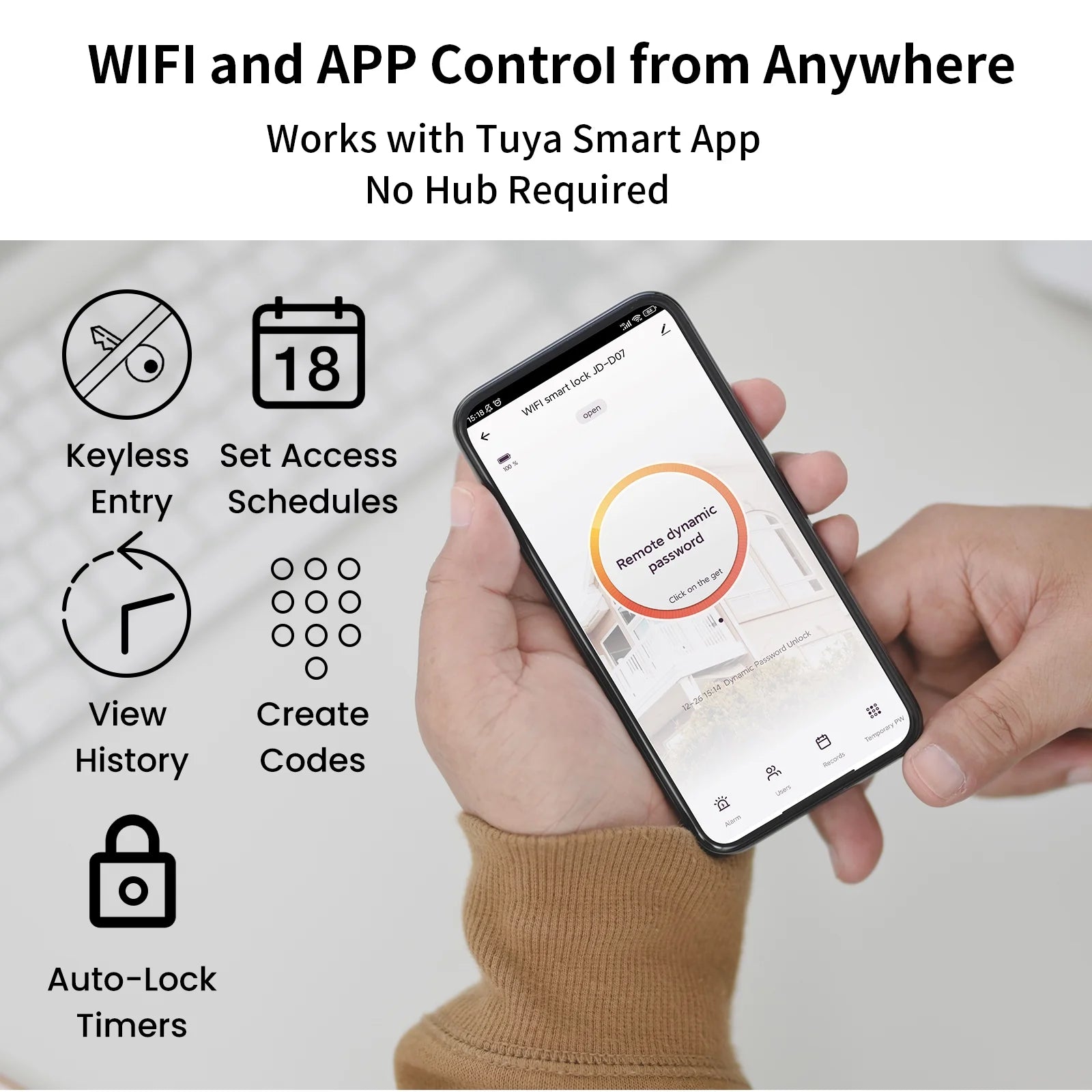 AUOSHI Security Smart Lock Fingerprint Door latch Keyless Entry Wi-Fi Door Lock Wireless Electronic Deadbolt with Touchscreen Keypad doorbell key IC Card App Control IP65 Waterproof Matte Black