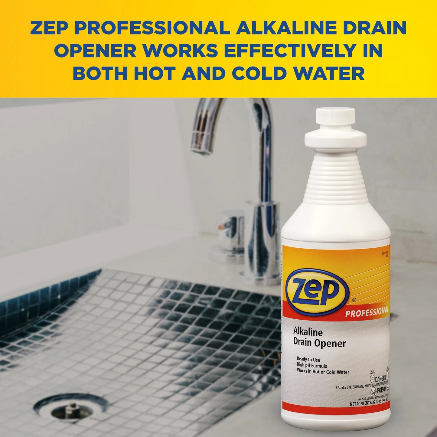 Zep Professional Alkaline Drain Opener - 32 oz (Case of 12) - 1041423 - Ready-To-Use, High pH Formula, Works Great in Both Hot and Cold Water, Safe for Plumbing and Pipes