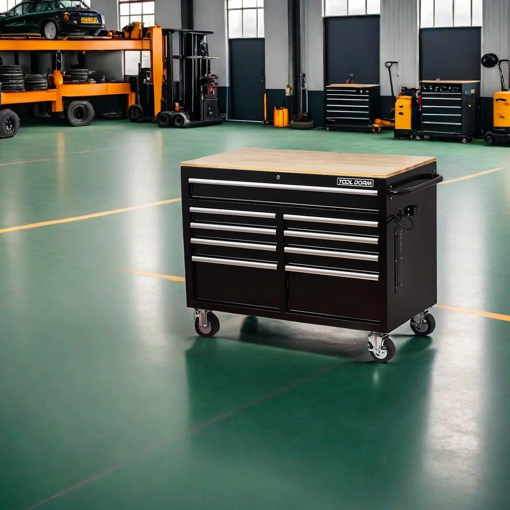 Rolling Tool Chest Extra-Deep 46In 9-Drawers, Mobile Tool Storage Cabinet/Work Bench with Wooden Top/Power Strip, Equipped with Casters, Handle, Liner, and Locking System, 1200 lbs Capacity
