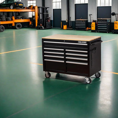 Rolling Tool Chest Extra-Deep 46In 9-Drawers, Mobile Tool Storage Cabinet/Work Bench with Wooden Top/Power Strip, Equipped with Casters, Handle, Liner, and Locking System, 1200 lbs Capacity