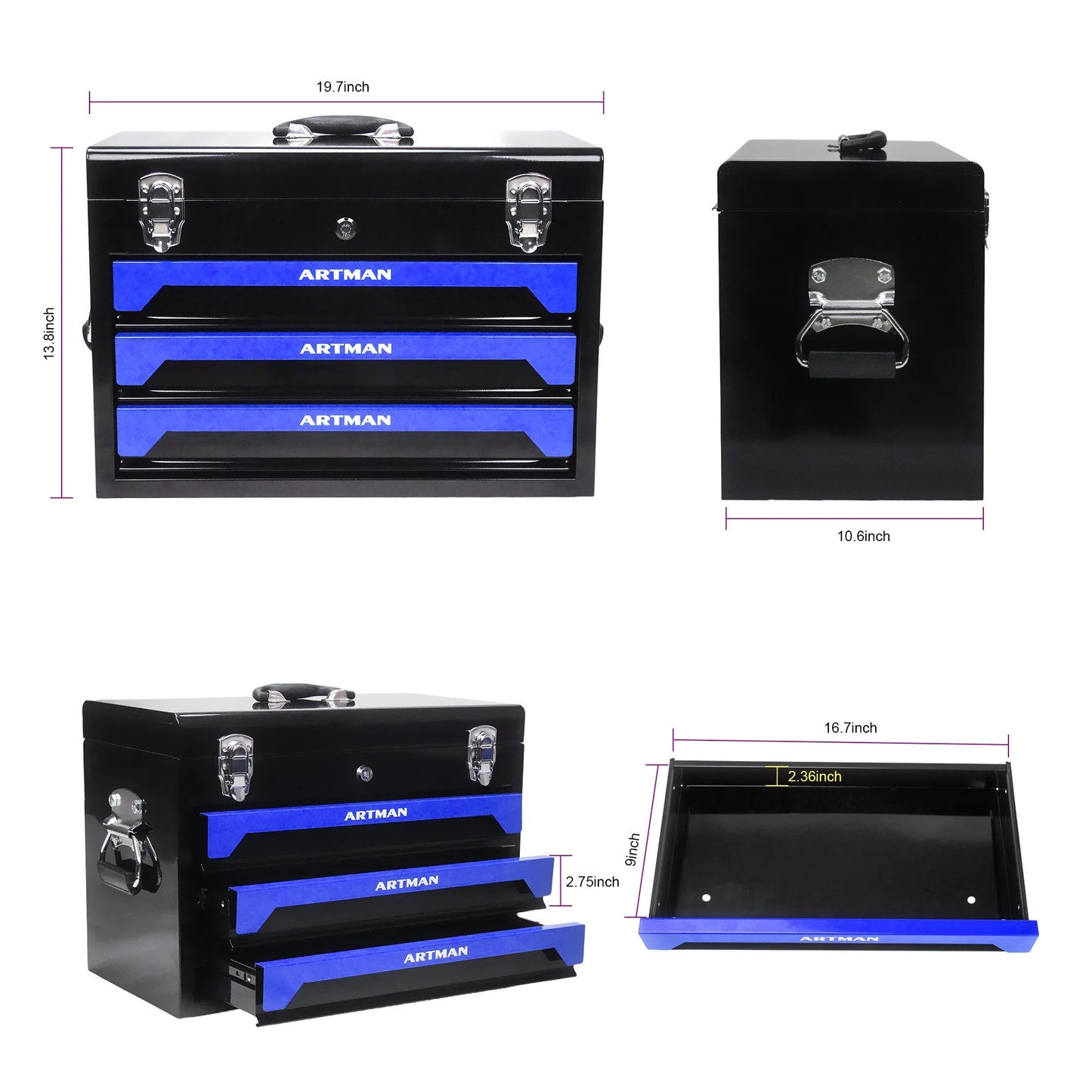 Tool Box with Tool Set, 3 Drawers Metal Toolbox Portable Tool Chest Organizer with Ball-Bearing Drawer