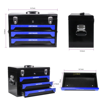 Tool Box with Tool Set, 3 Drawers Metal Toolbox Portable Tool Chest Organizer with Ball-Bearing Drawer