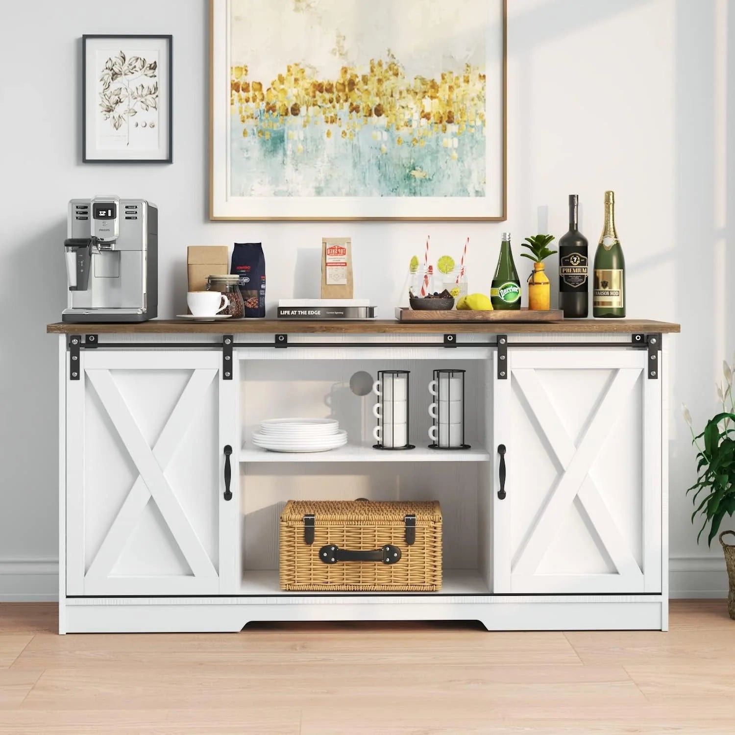 Catrimown Farmhouse Coffee Bar Cabinet with Storage, 58" Sideboard Buffet Cabinet with Storage, Sideboard Cabinet for Living Room, White