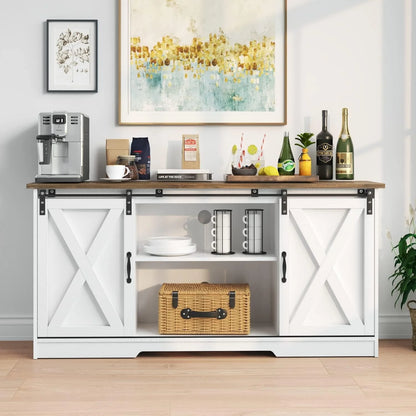 Catrimown Farmhouse Coffee Bar Cabinet with Storage, 58" Sideboard Buffet Cabinet with Storage, Sideboard Cabinet for Living Room, White