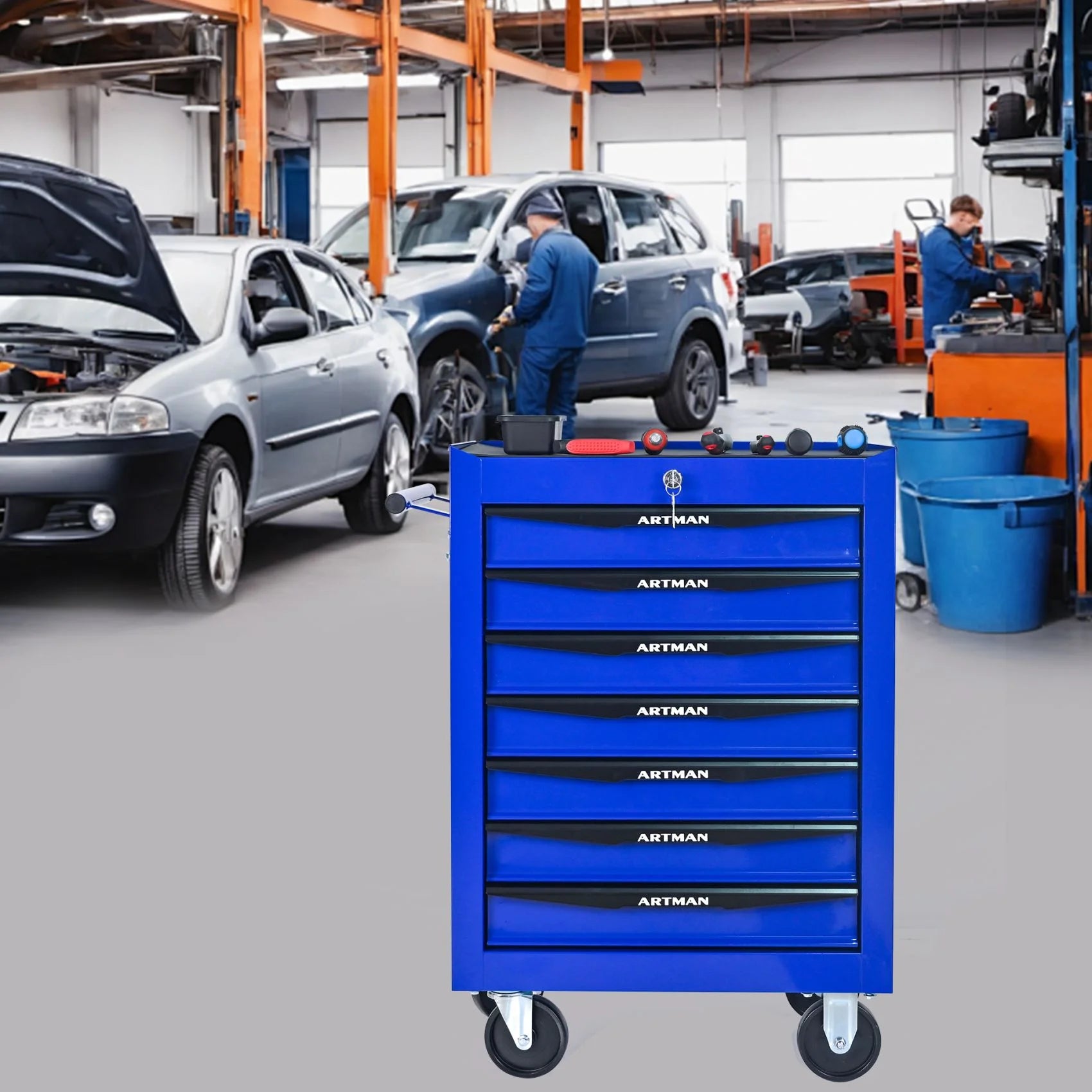 FARONZE Rolling Metal Tool Chest with 7 Drawers, 20" Steel Storage Cabinet with Ball Bearing Slides, Black and Blue Finish
