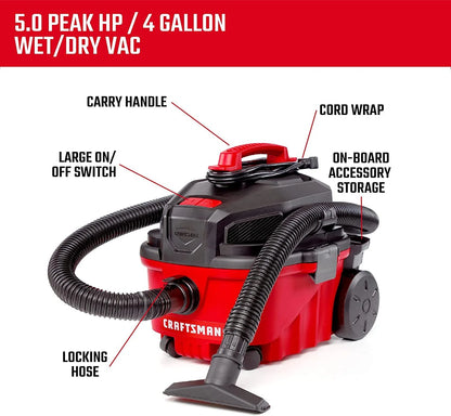 Craftsman 2027722 4 gal 120V 5 HP Corded Wet & Dry Vacuum, Black & Red