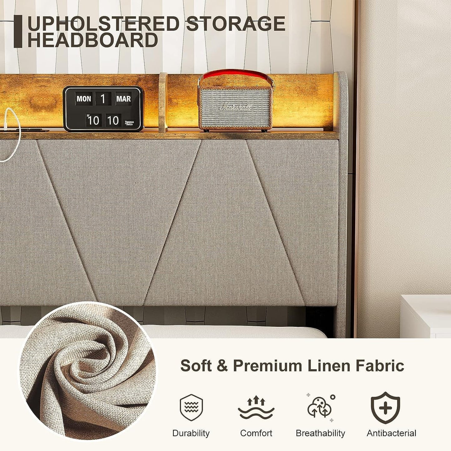 IKIFLY Queen Bed Frame with Charging Station & Storage Shelf Headboard, Upholstered LED Bed Frame with 2 Outlets and 2 USB Ports(1 Type C), Solid Wood Slats, No Box Spring Needed - Light Brown