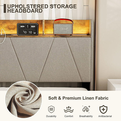IKIFLY Queen Bed Frame with Charging Station & Storage Shelf Headboard, Upholstered LED Bed Frame with 2 Outlets and 2 USB Ports(1 Type C), Solid Wood Slats, No Box Spring Needed - Light Brown