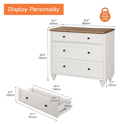 3 Drawer Dresser for Bedroom, White Baby Dressers Wood Mid Century Modern Closet Storage Organizer for Living Room, Nursery, Kids Room