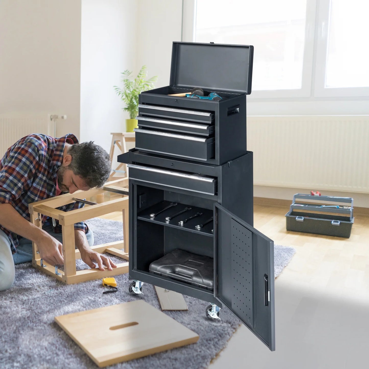 Ktaxon 4-Drawer 2-IN-1 Rolling Tool Chest Storage Cabinet, Mechanic Tool Organizer Box, 23.2" L x 11" W x 40.2" H, Black