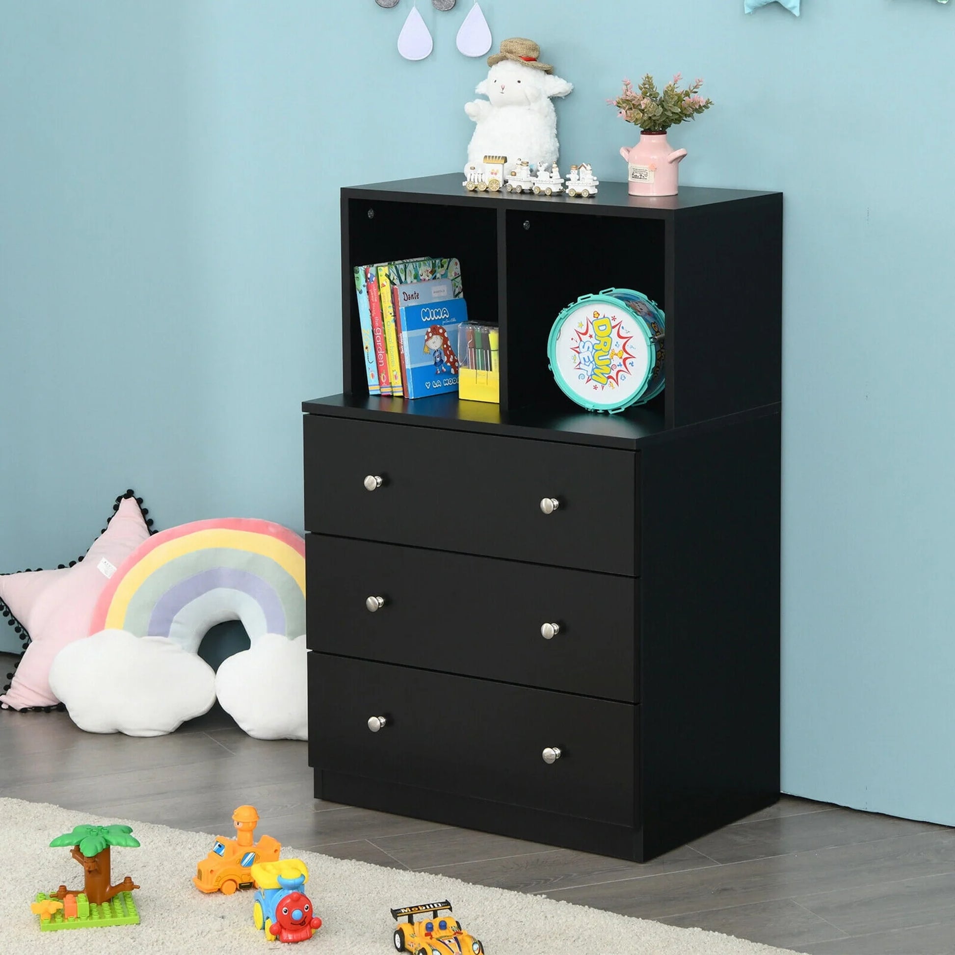 Gymax 3 Drawer Dresser W/Cubbies Storage Chest for Bedroom Living Room Black