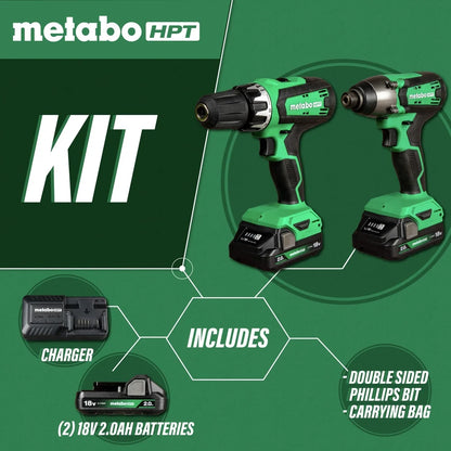 Metabo HPT 18V MultiVolt Hammer Drill and Impact Driver Combo Kit | Cordless | 2-2.0Ah Li-Ion Batteries w/Fuel Gauge | Lifetime Tool Warranty | KC18DFX