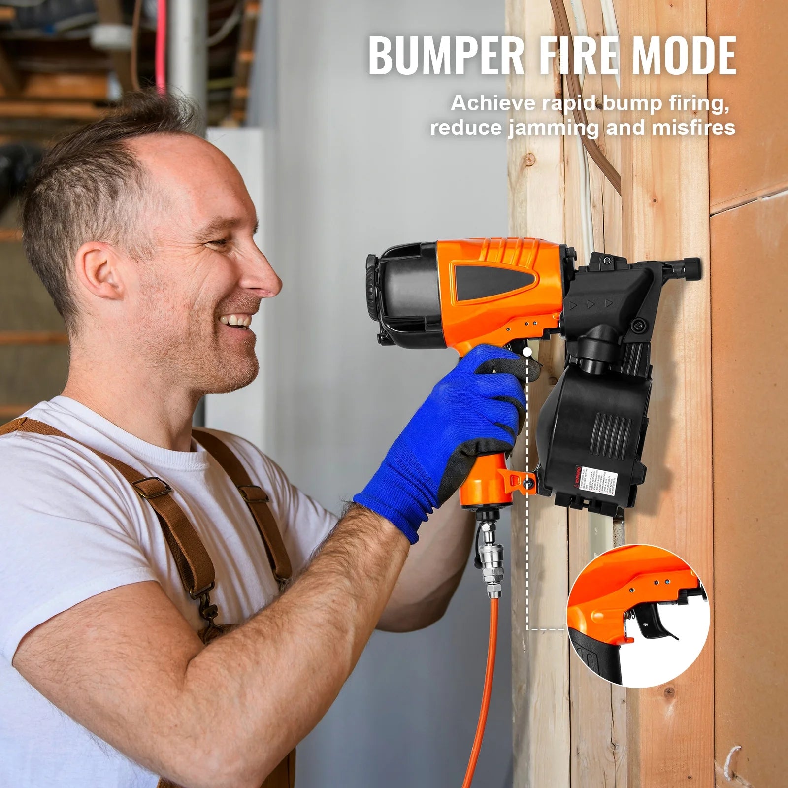 KFFKFF Pneumatic Coil Siding Nailer CN65, Adjustable 1-1/4" to 2-1/2" 15 Degree, 70-120PSI, Ideal for Siding, Sheathing, Woodworking, Fencing, and Decking