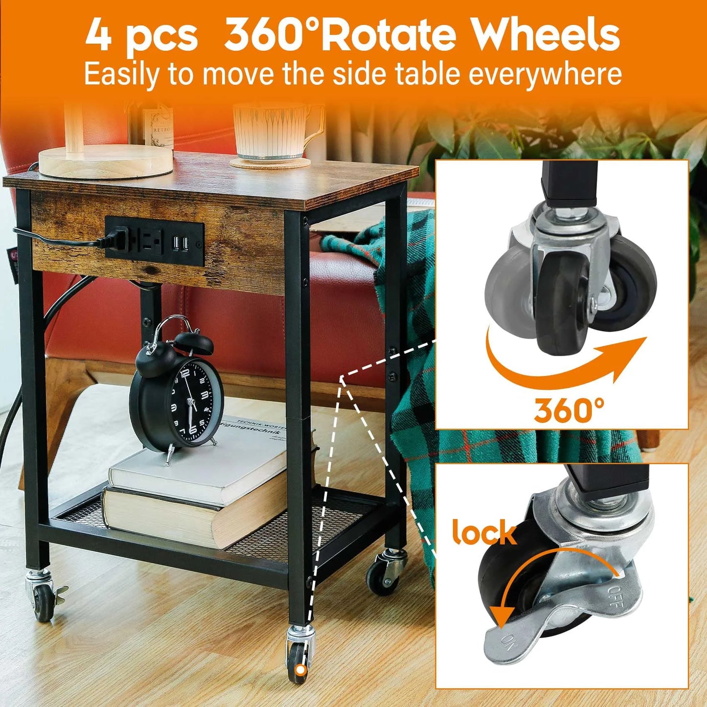 TC-HOMENY End Table with Charging Station & USB Ports, Side Table with Wheels & Storage Shelf Nightstand for Living Room Bedroom, Brown,Wood