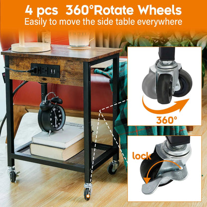 TC-HOMENY End Table with Charging Station & USB Ports, Side Table with Wheels & Storage Shelf Nightstand for Living Room Bedroom, Brown,Wood