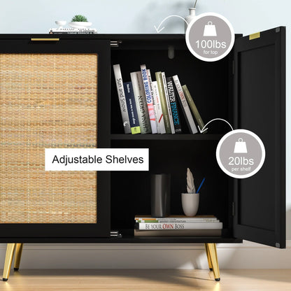 Anmytek Natural Rattan Black Buffet Sideboard Storage Cabinet with 2 Doors