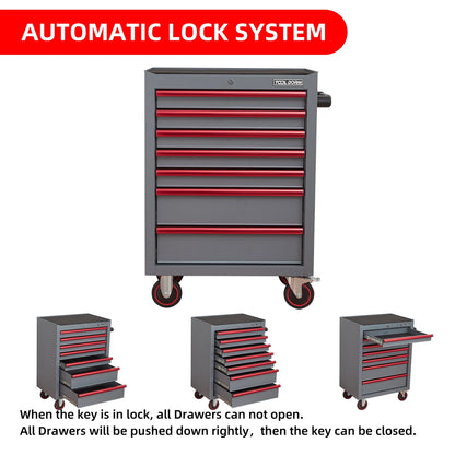 26.7inch Tool Cabinets Rolling Toolbox with 7 Drawers, Metal Tool Chest with Wheels, Gray Color, Tool Cart for Garage, Warehouse, Repair Shop, Workshop