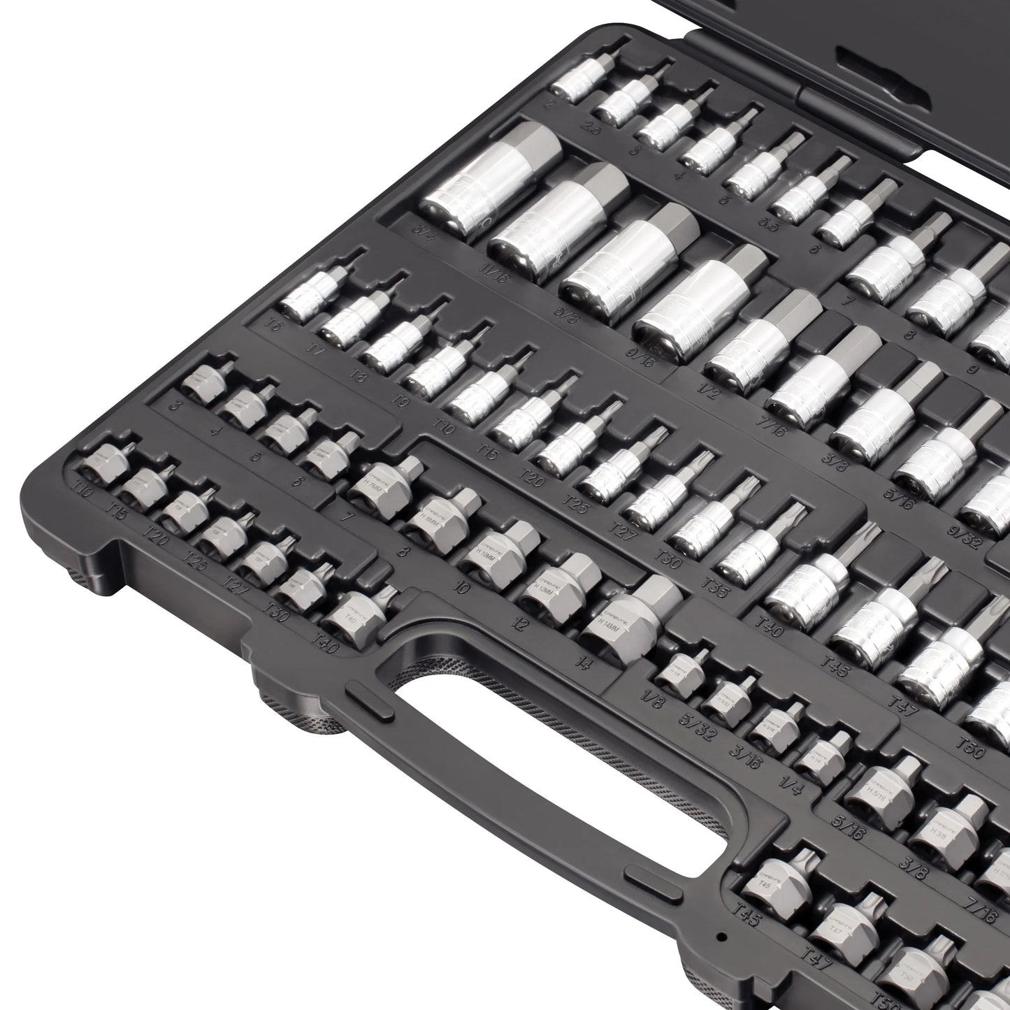 Carbyne 80-Piece Torx, SAE Hex (Allen) & Metric Hex (Allen) Bit Socket Set with 30 Super Short Bit Sockets, Cr-V Steel Sockets, S2 Steel Bits, Durable Storage Case