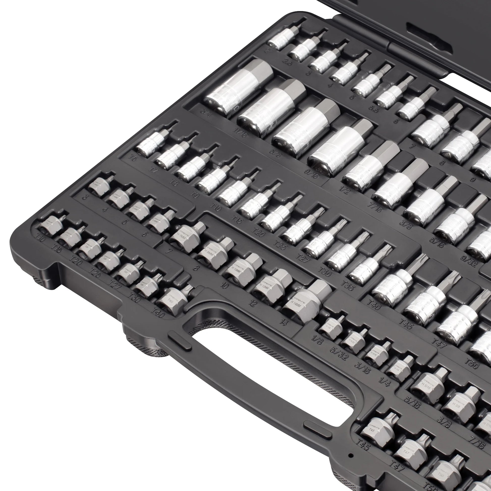 Carbyne 80-Piece Torx, SAE Hex (Allen) & Metric Hex (Allen) Bit Socket Set with 30 Super Short Bit Sockets, Cr-V Steel Sockets, S2 Steel Bits, Durable Storage Case